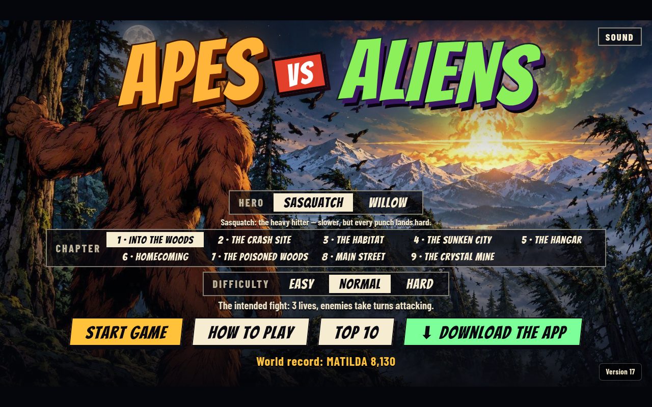 Apes Vs Aliens title screen with a Sasquatch in a painted forest, hero, chapter, and difficulty choices