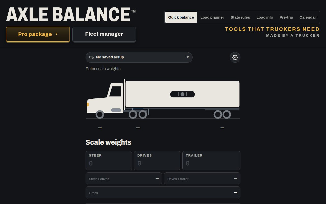 Axle Balance app showing a truck diagram with steer, drive, and trailer scale weight inputs