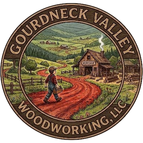 Gourdneck Valley Woodworking LLC badge: a boy carrying a toolbox down a red dirt road toward a workshop in a green valley