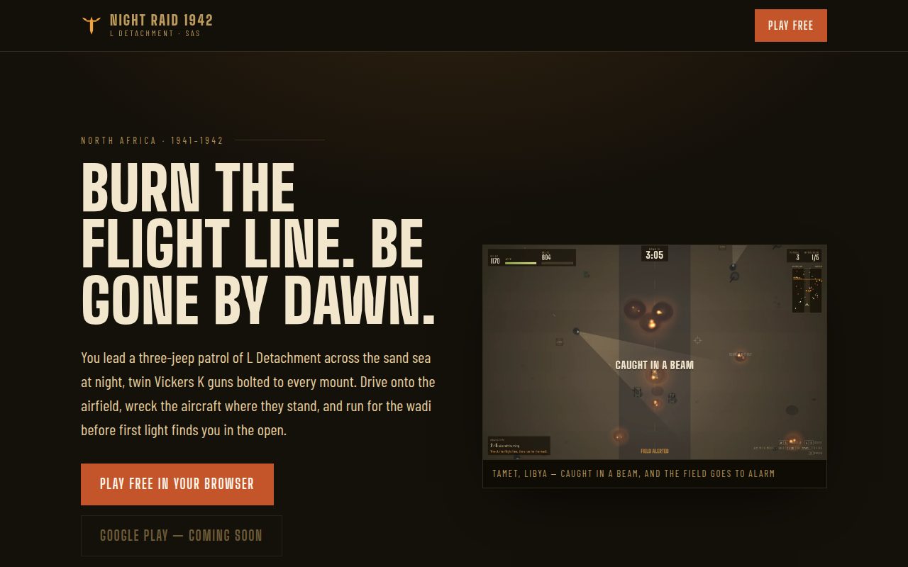 Night Raid 1942 home page reading Burn the flight line, be gone by dawn, beside a gameplay screenshot of jeeps on a desert airfield at night