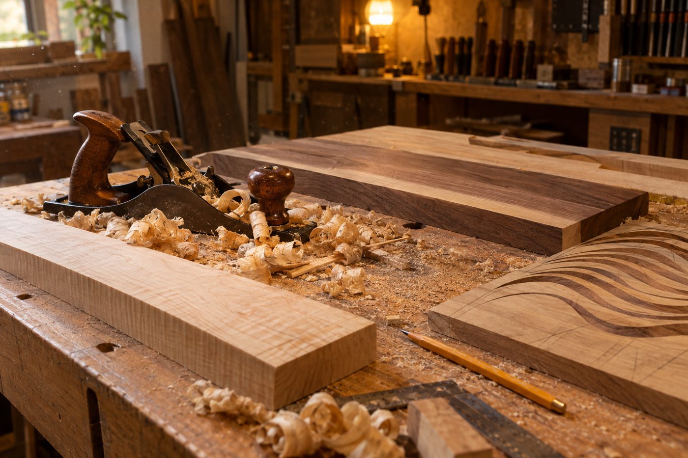 A woodworking bench with planed maple and walnut boards, a hand plane, wood shavings, and a board carved with a wave pattern