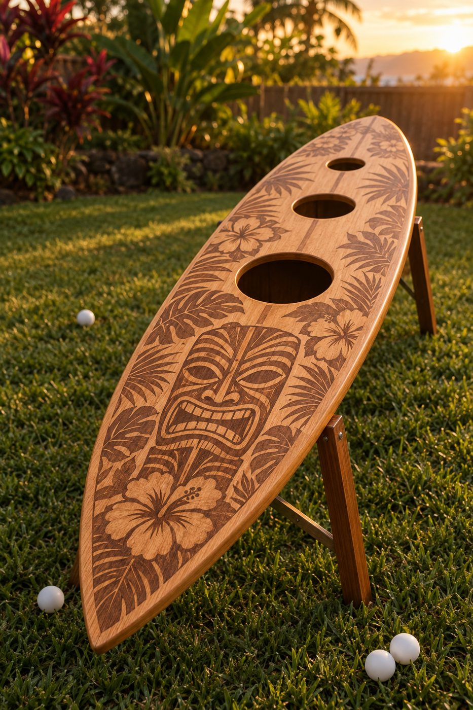 A surfboard-shaped wooden pong game with three holes and an engraved tiki and hibiscus design, standing on folding legs in a sunlit backyard
